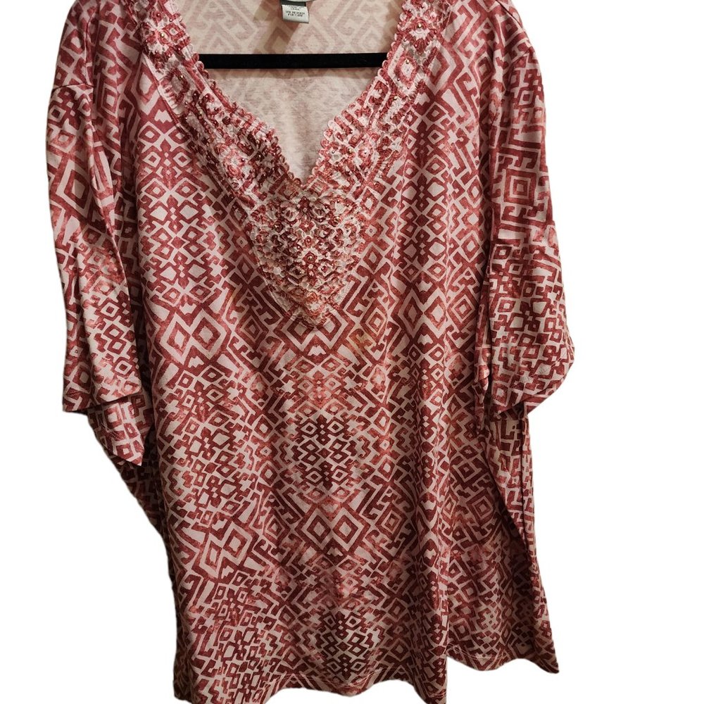 Beautiful pink and white blouse with beaded neckline accent